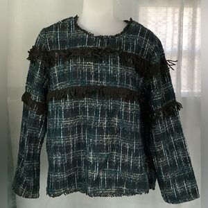 Wendy Williams multicolor tweed top with fringe accents and metallic threading